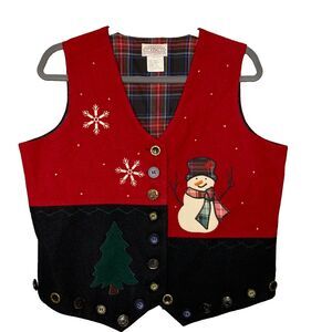 Cambridge Dry Goods Wool Christmas Patchwork Vest MED Womens Snowman Tie